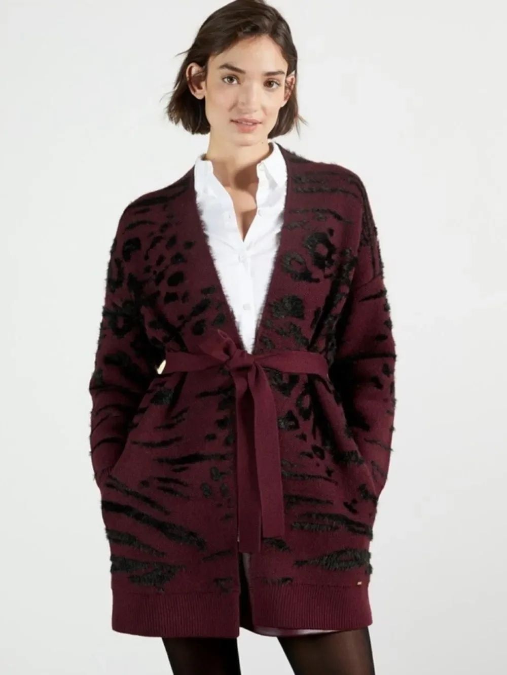 Ted Baker M SAFROHN OXBLOOD Black Jacquard Belted Merino Wool Blend Cardigan